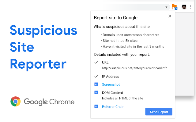 Screencap of the Suspicious Site Reporter for Chrome. "What's suspicious about this site? Site not in the top 5k sites."