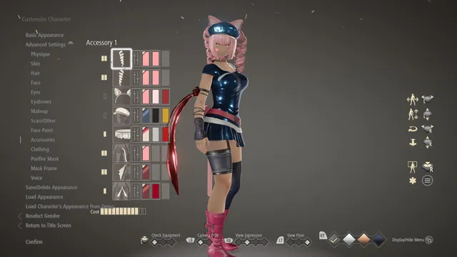 Screencap, she's got a slight tan, yellow eyes, pink hair in anime drills, and cat ears protruding from a hat. Her outfit is a simple t-shirt and miniskirt combo, wearing mismatched legwear, red boots, and a truly impractical scarf tied to her arm. Why her name is Boobies is left as an exercise to the reader.