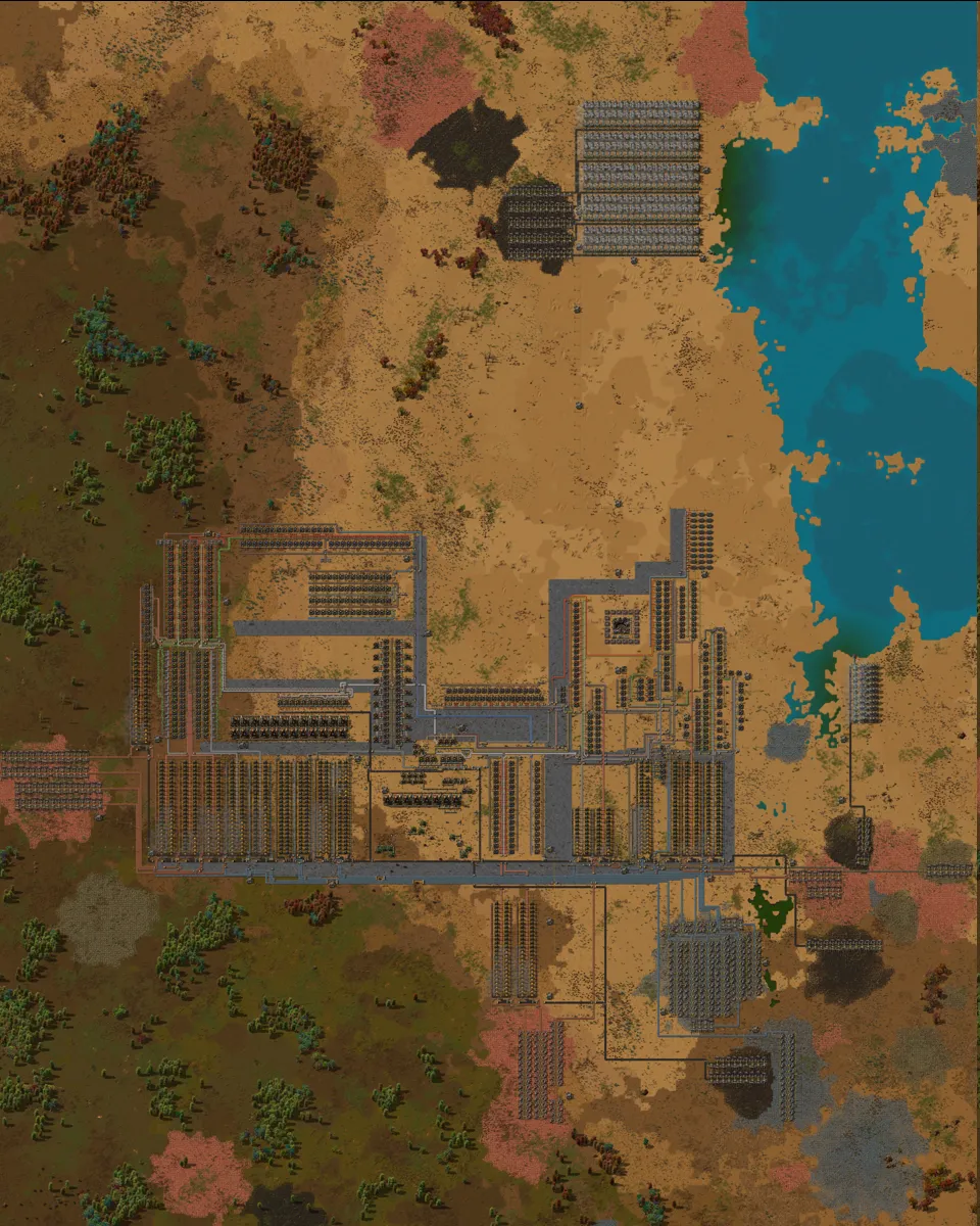 A very zoomed out view of my Factorio map just before sending a rocket