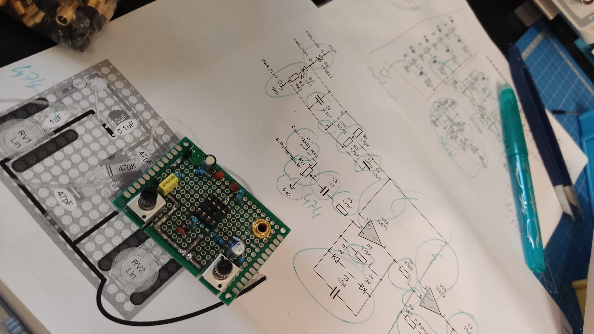 Two modules on small 3D printed rafts. They are mounted on protobards, the largest is 10×10 centimeters. There's a bunch of knobs and small wires flying everywhere.