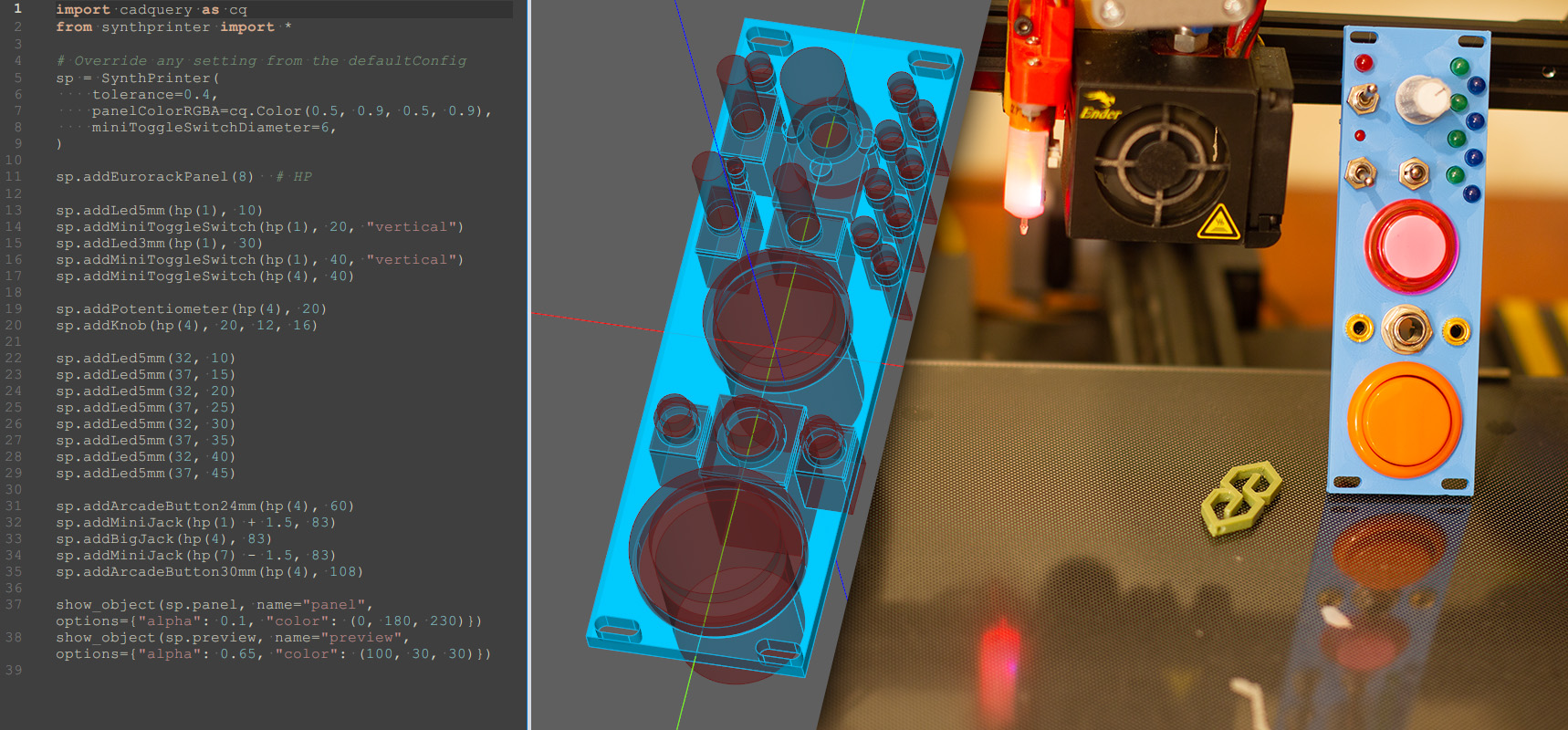 Overview of the system, showing code, 3D render, finished product