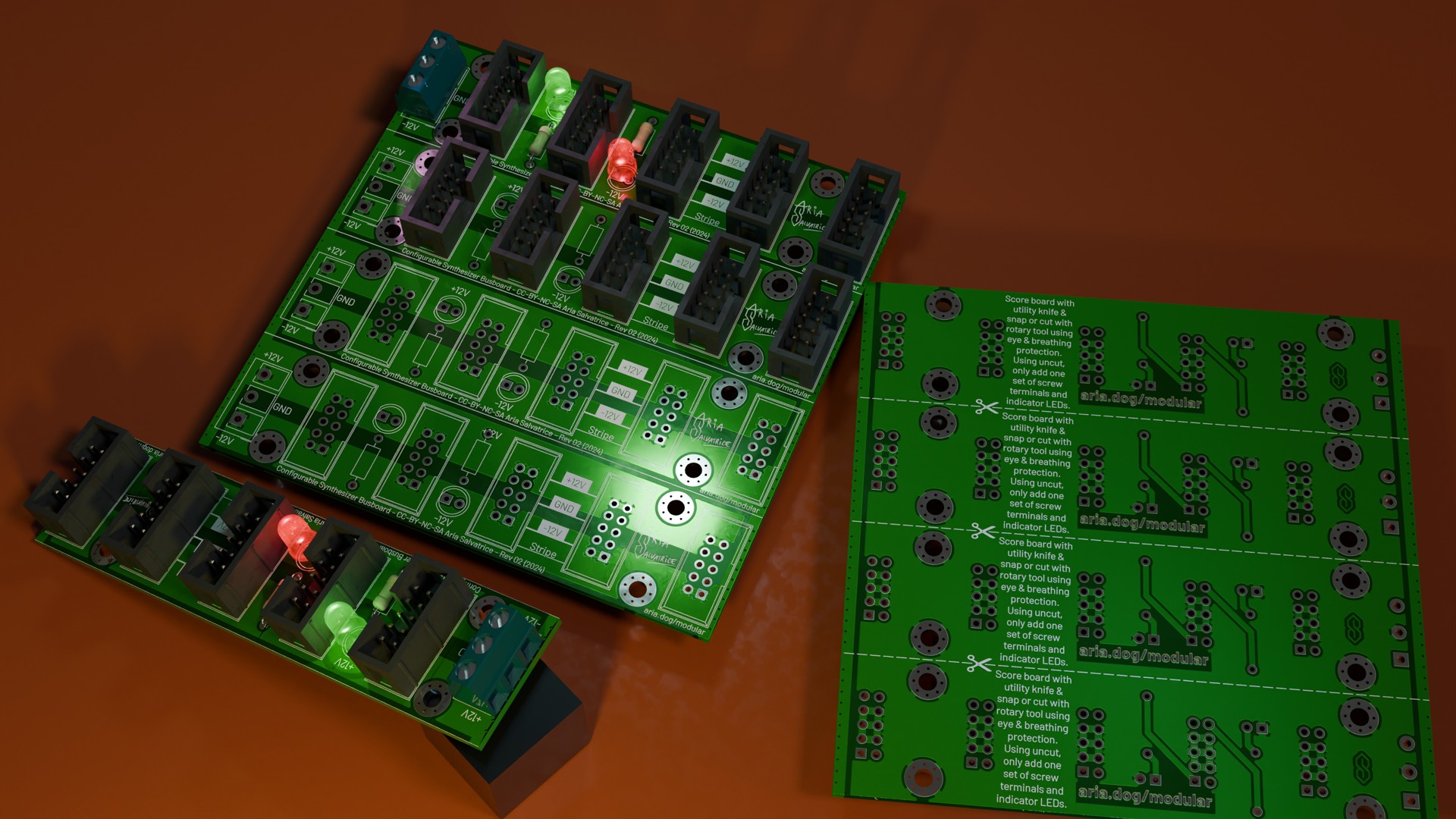 3D render of the PCB, partially populated to show its various configurations