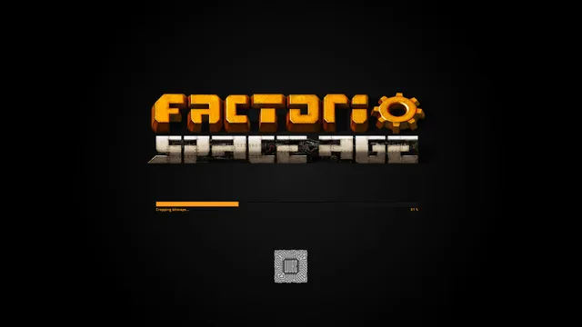 Various screenshots of Factorio follow. This is the title screen of the Space Age extension.