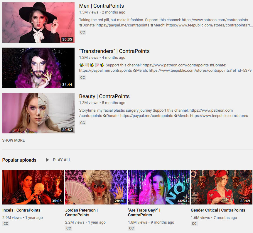 Screencap of her Youtube channel showing the current videos